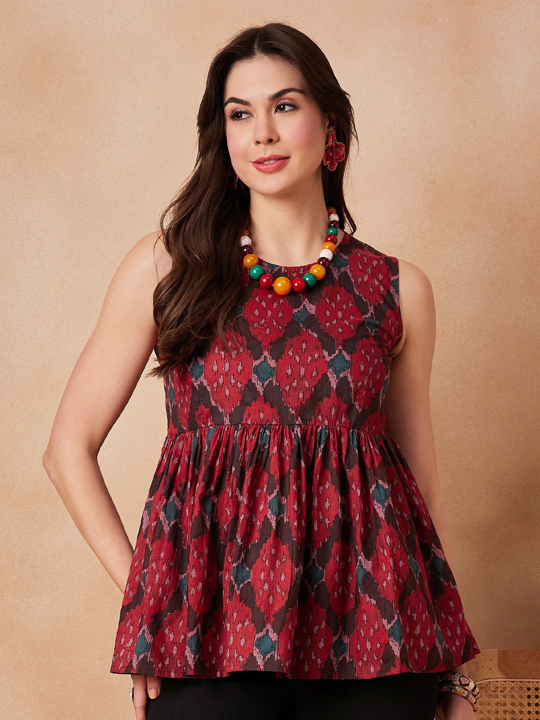 

InWeave Abstract Print Round Neck Sleeveless Cotton A-Line Top, Red