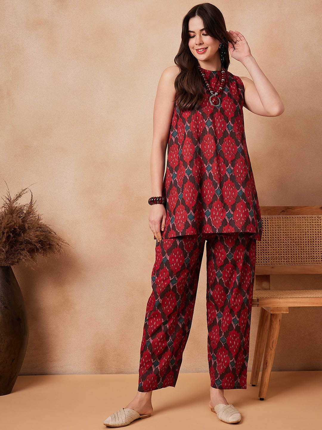 

InWeave Red Printed Pure Cotton Tunic With Trouser