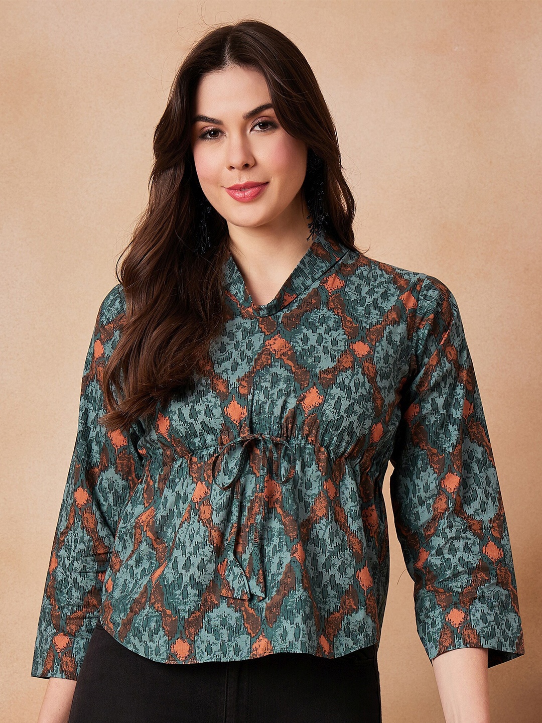 

InWeave Floral Print Shwal Neck Cotton Empire Top, Turquoise blue