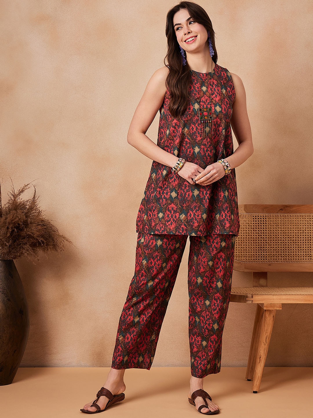 

InWeave Printed Pure Cotton Tunic With Trousers, Coral