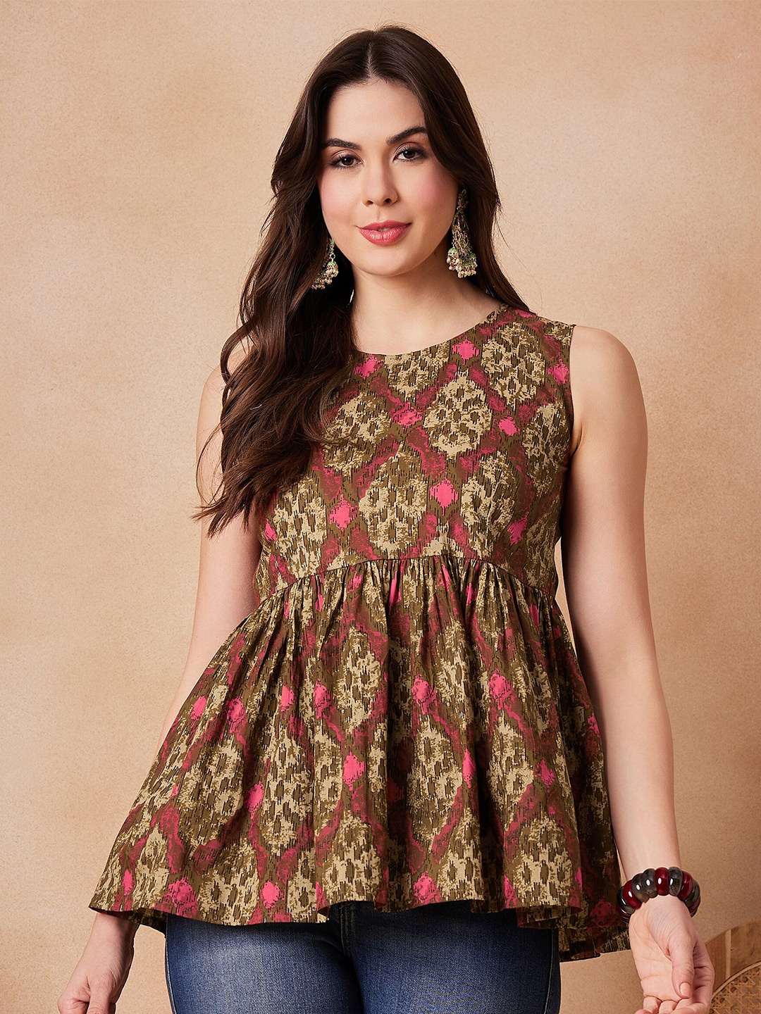 

InWeave Abstract Print Round Neck Sleeveless Cotton A-Line Top, Green