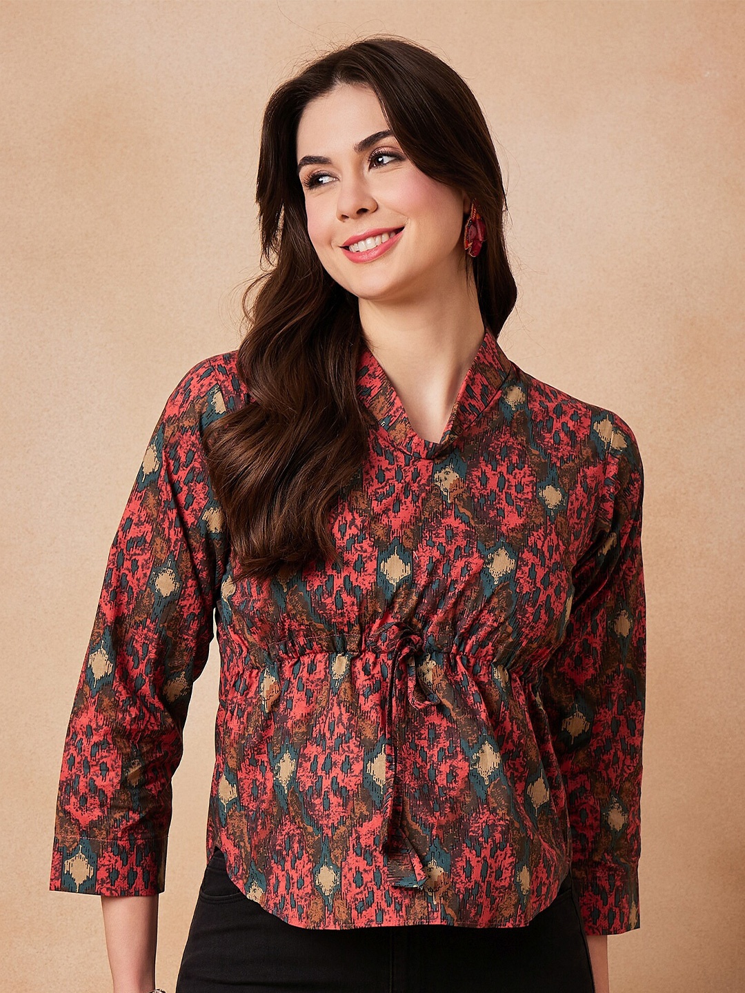 InWeave Abstract Print Shwal Neck Cotton Top, Coral