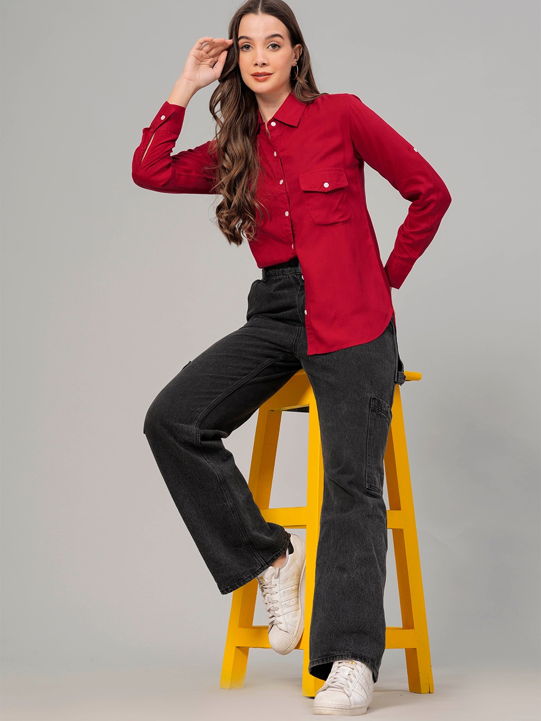 DAEVISH New Fit Spread Collar Casual Shirt, Red