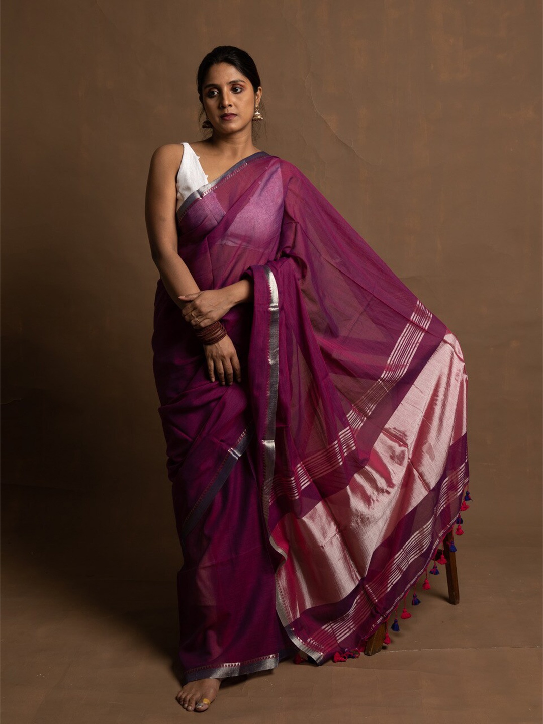 HUTS AND LOOMS Zari Pure Cotton Saree, Purple