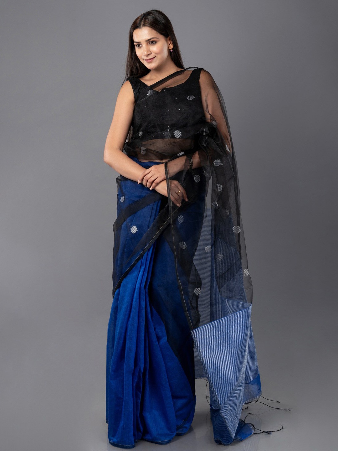 

HUTS AND LOOMS Floral Embroidered Silk Cotton Saree, Blue