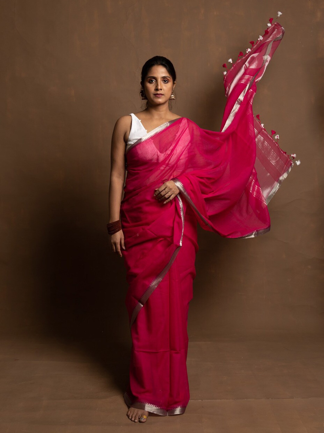 

HUTS AND LOOMS Ethnic Zari Pure Cotton Saree, Pink