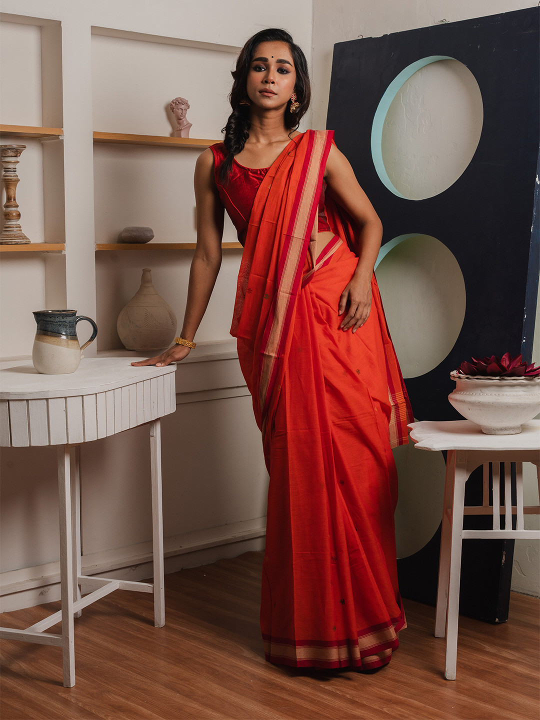

HUTS AND LOOMS Ethnic Motifs Zari Pure Cotton Saree, Orange