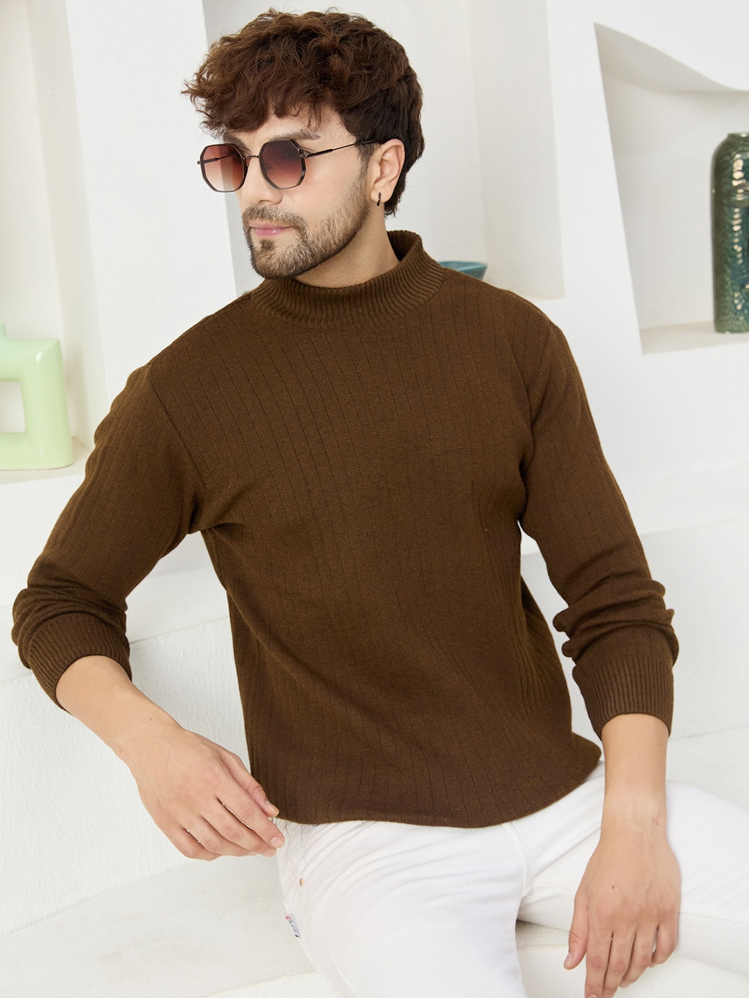 

KVETOO High Neck Striped Long Sleeves Pullover, Coffee brown
