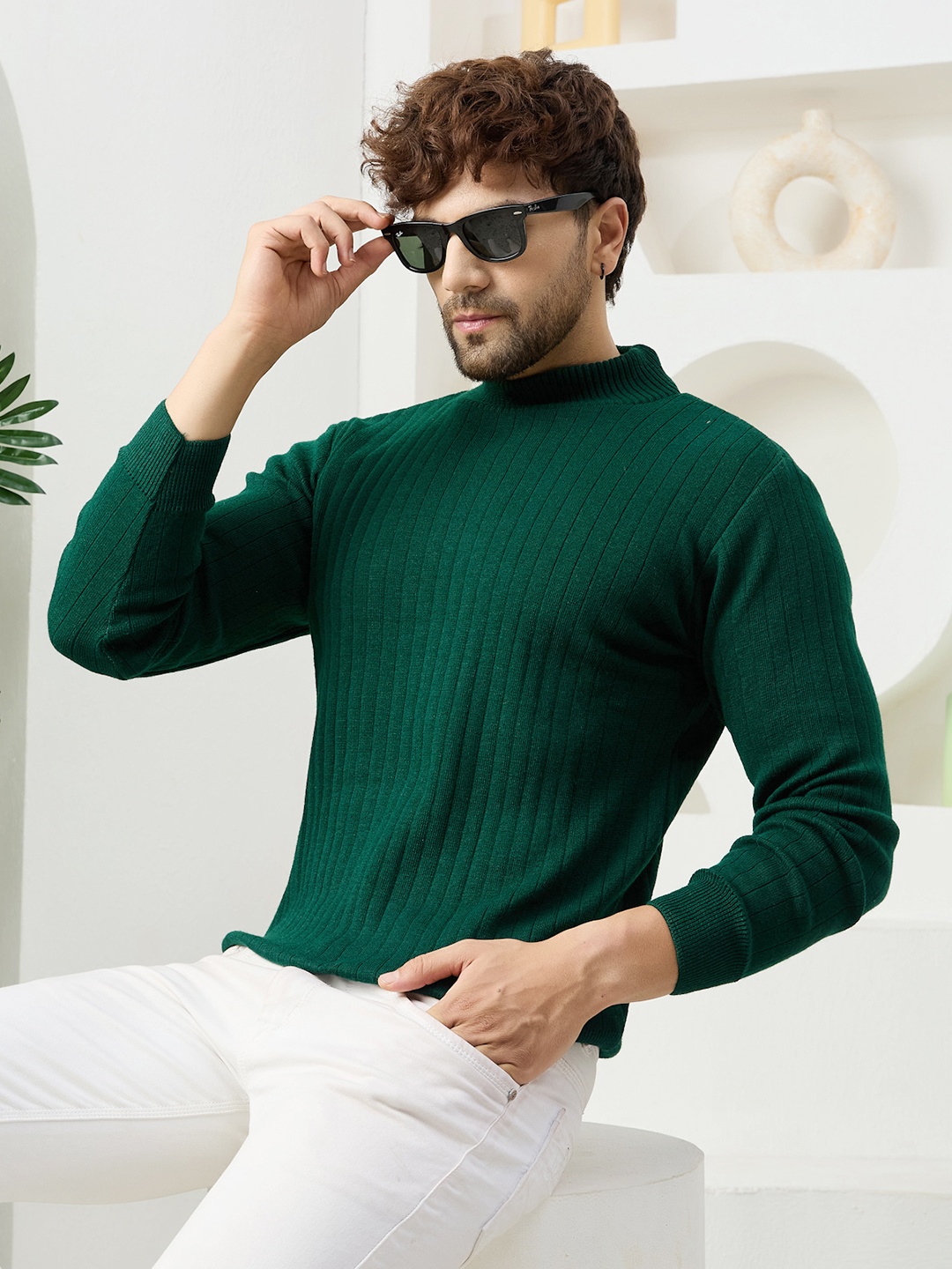 

KVETOO Ribbed High Neck Pullover Acrylic Sweater, Green