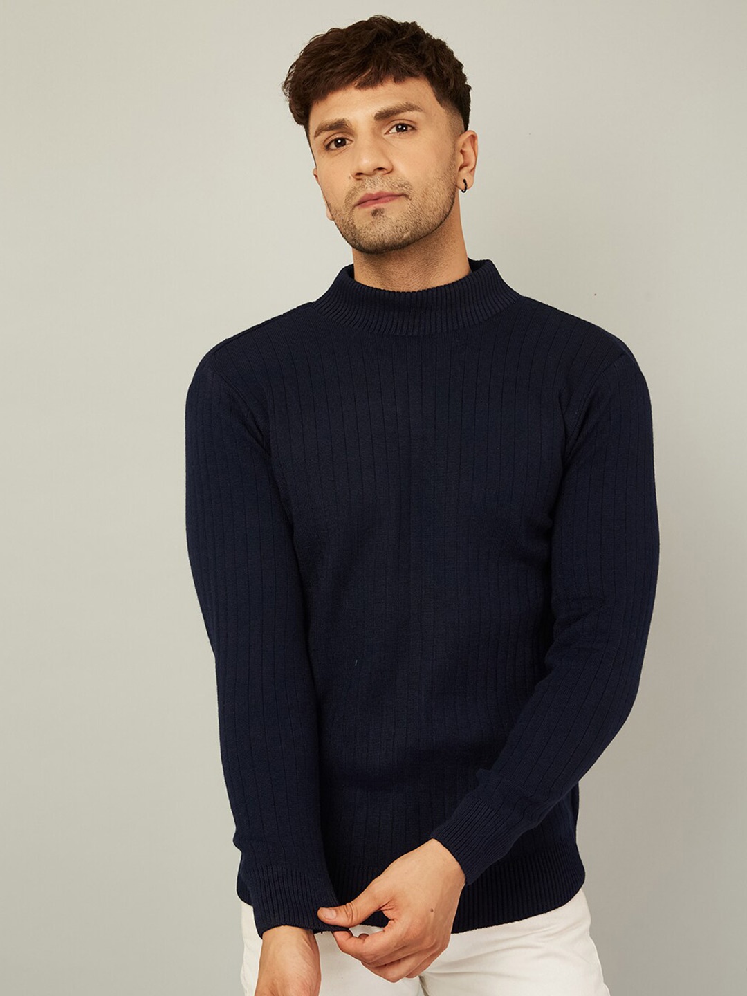 

KVETOO Turtle Neck Striped Pullover, Navy blue