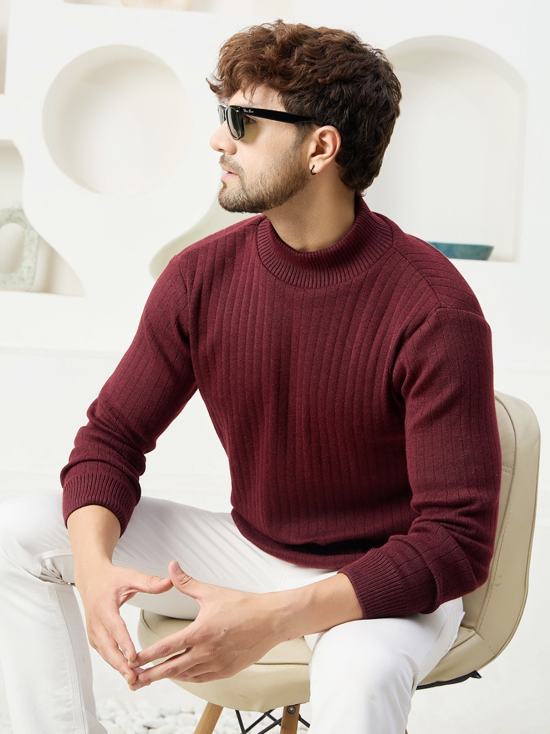 

KVETOO Striped Turtle Neck Ribbed Acrylic Pullover, Violet