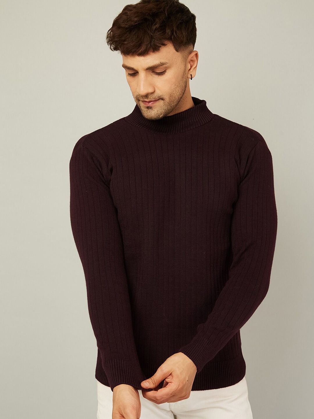 KVETOO Striped Turtle Neck Ribbed Acrylic Pullover, Purple