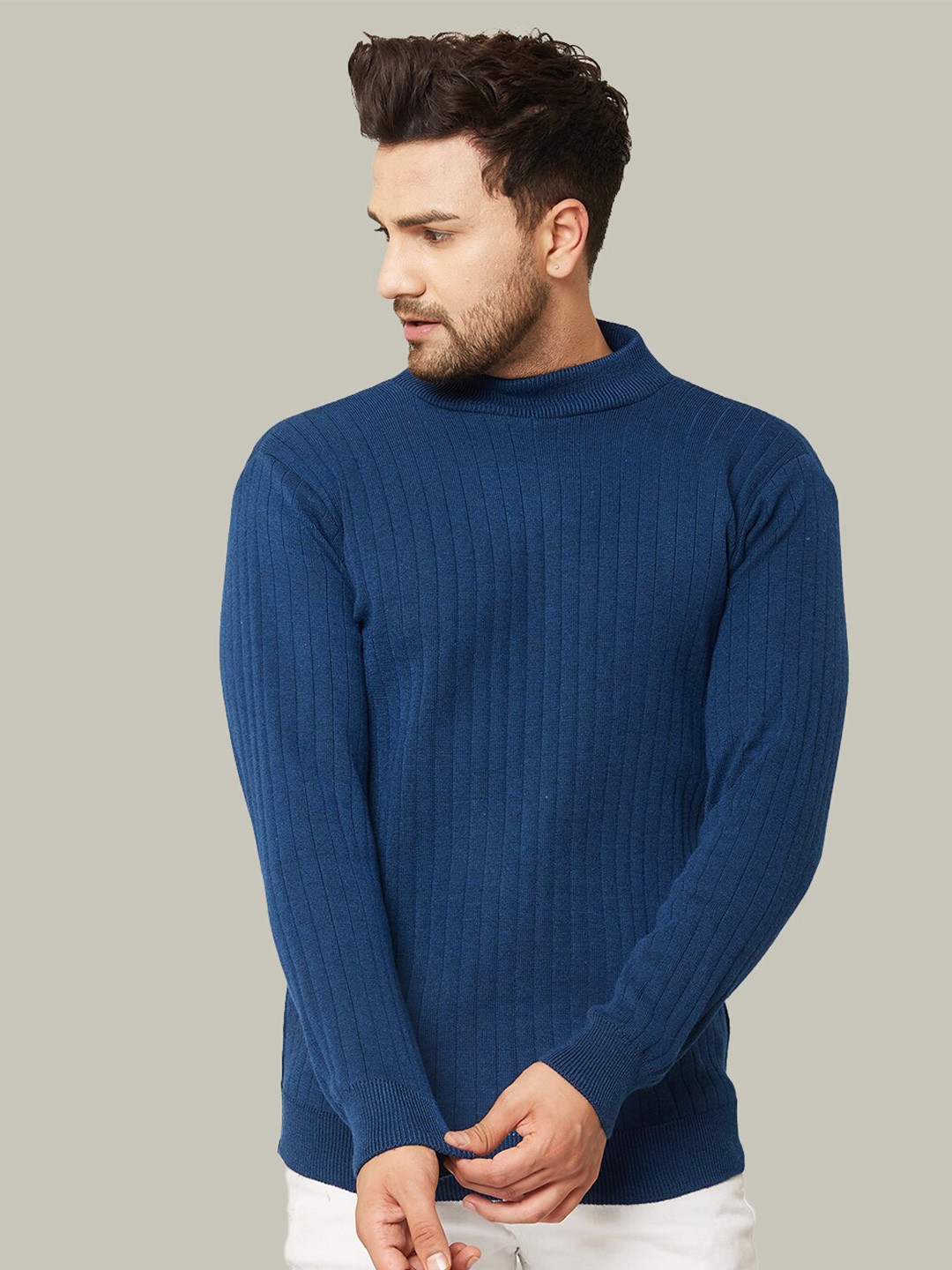

KVETOO High Neck Long Sleeves Striped Pullover, Blue