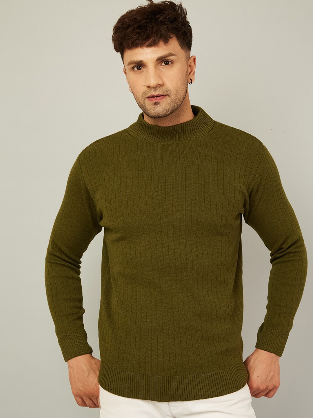 

KVETOO Striped Turtle Neck Ribbed Acrylic Pullover, Olive