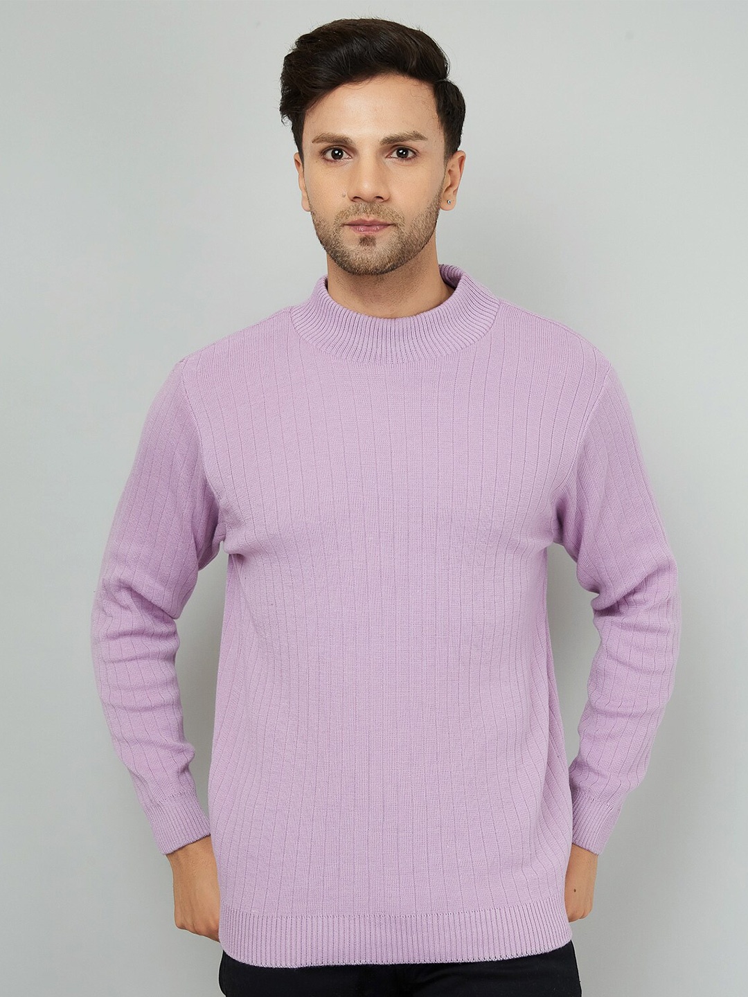 KVETOO Turtle Neck Long Sleeves Striped Pullover, Lavender