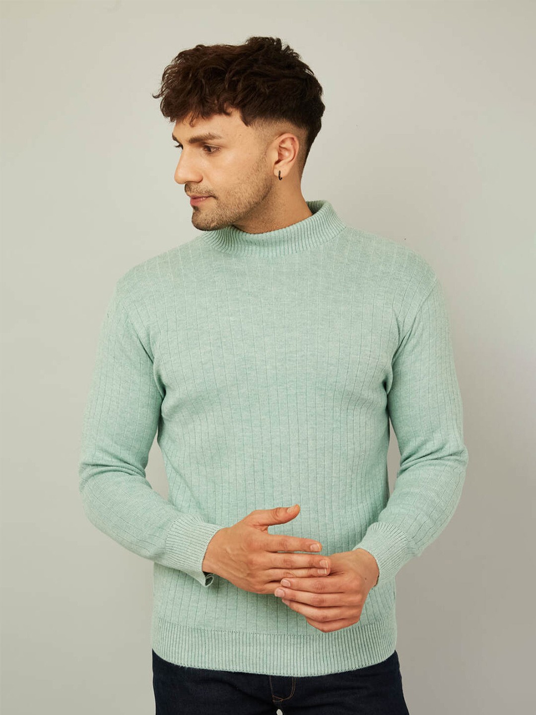 

KVETOO Striped Turtle Neck Ribbed Acrylic Pullover, Turquoise blue