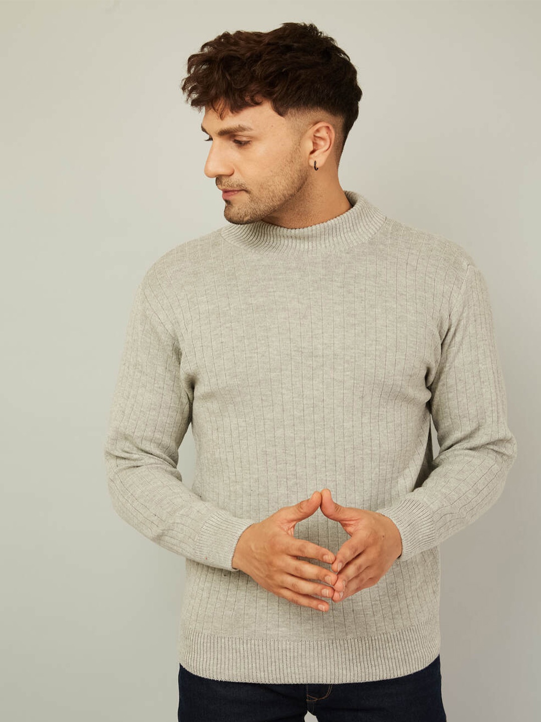 

KVETOO Turtle Neck Striped Pullover, Grey melange