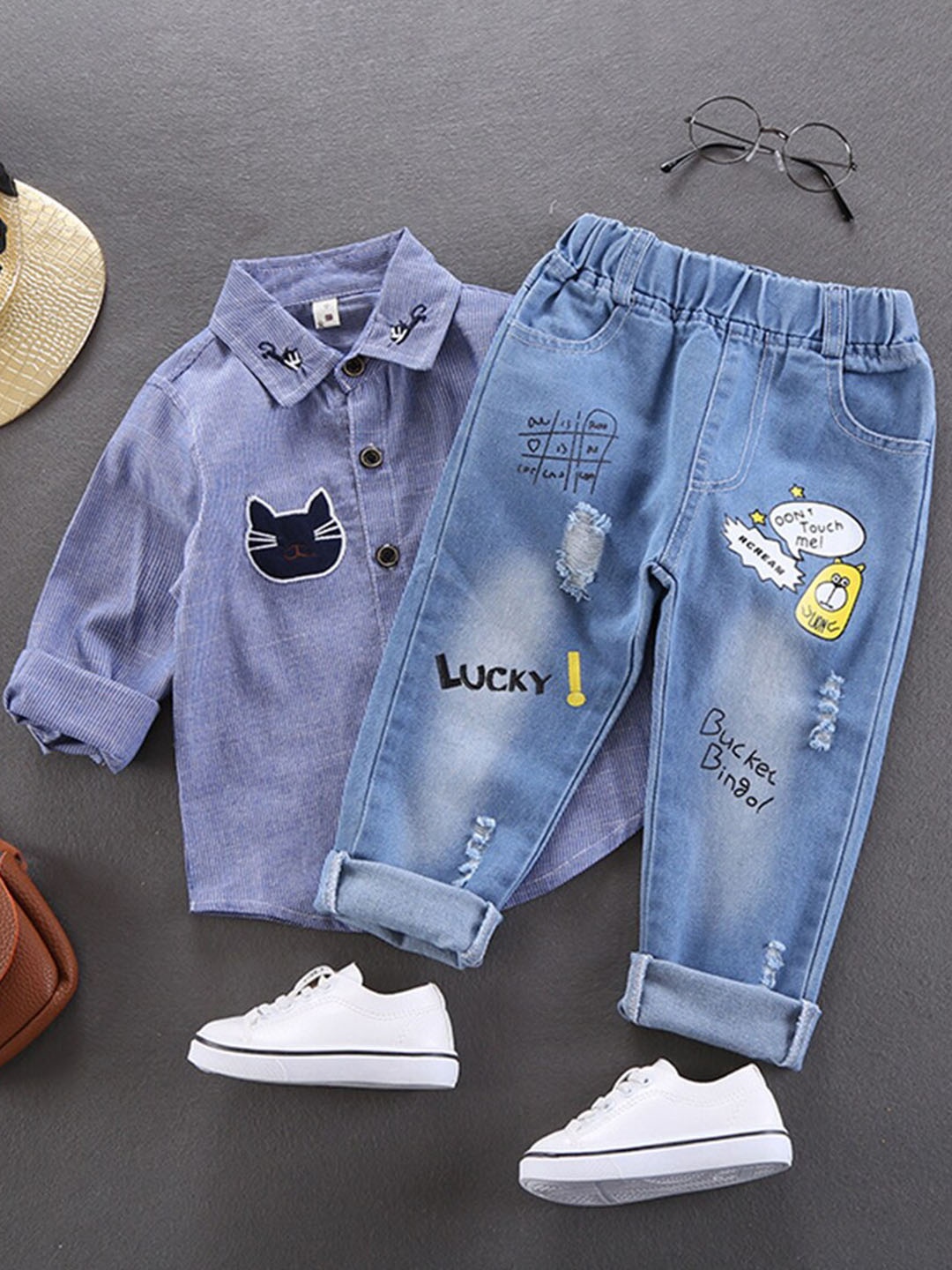 

INCLUD Boys Mildly Distressed Heavy Fade Printed Pure Cotton Jeans, Blue
