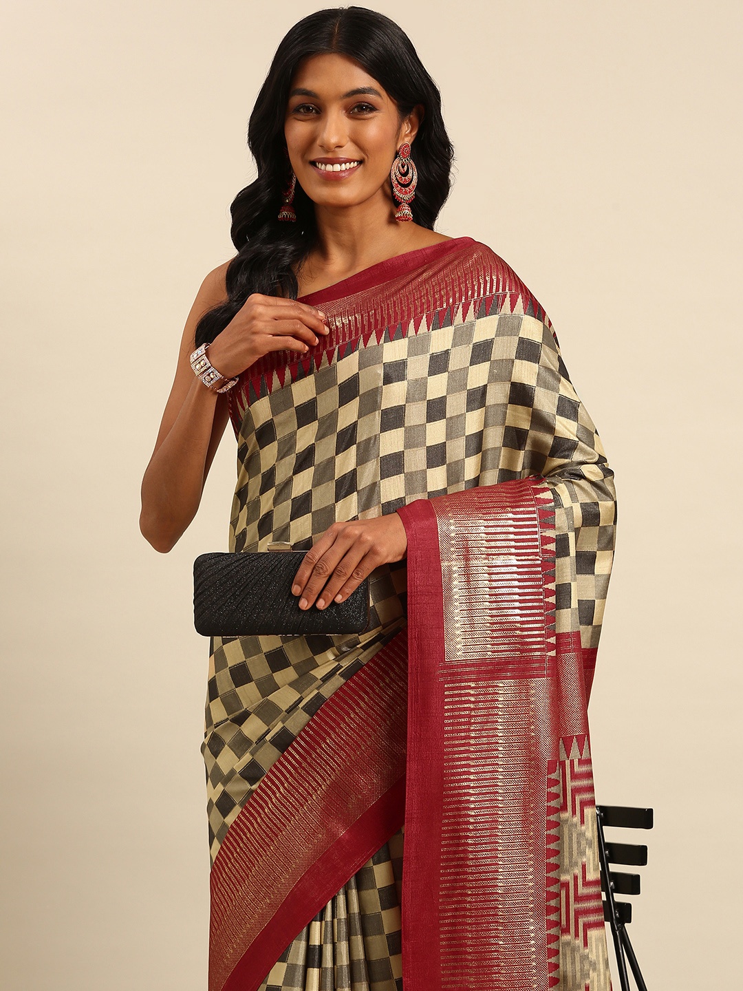

Mitera Checked Zari Saree, Black