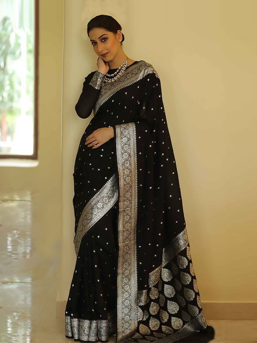 

KALINI Geometric Woven Design Zardozi Saree, Black