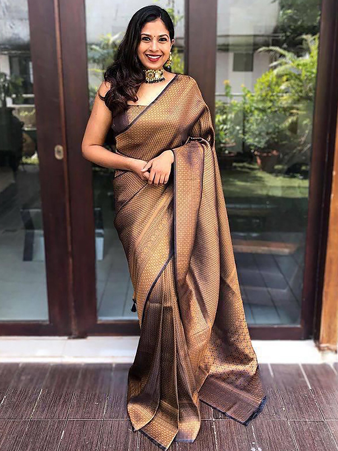 

KALINI Ethnic Motifs Woven Design Zari Banarasi Saree, Brown