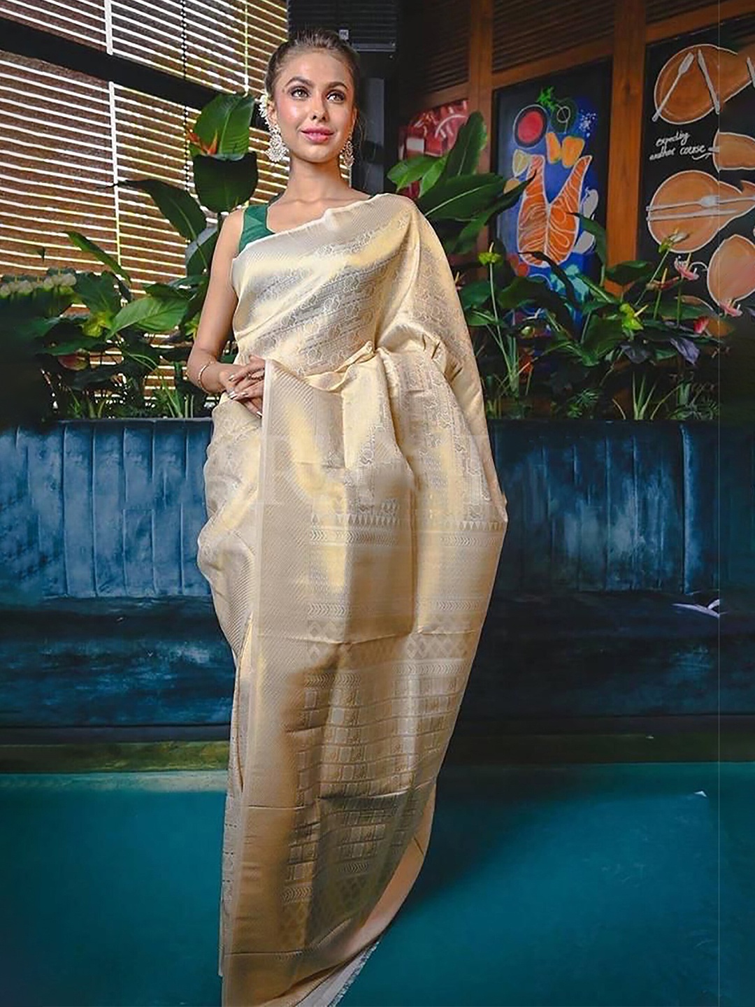 

KALINI Ethnic Motifs Woven Design Zari Banarasi Saree, Beige