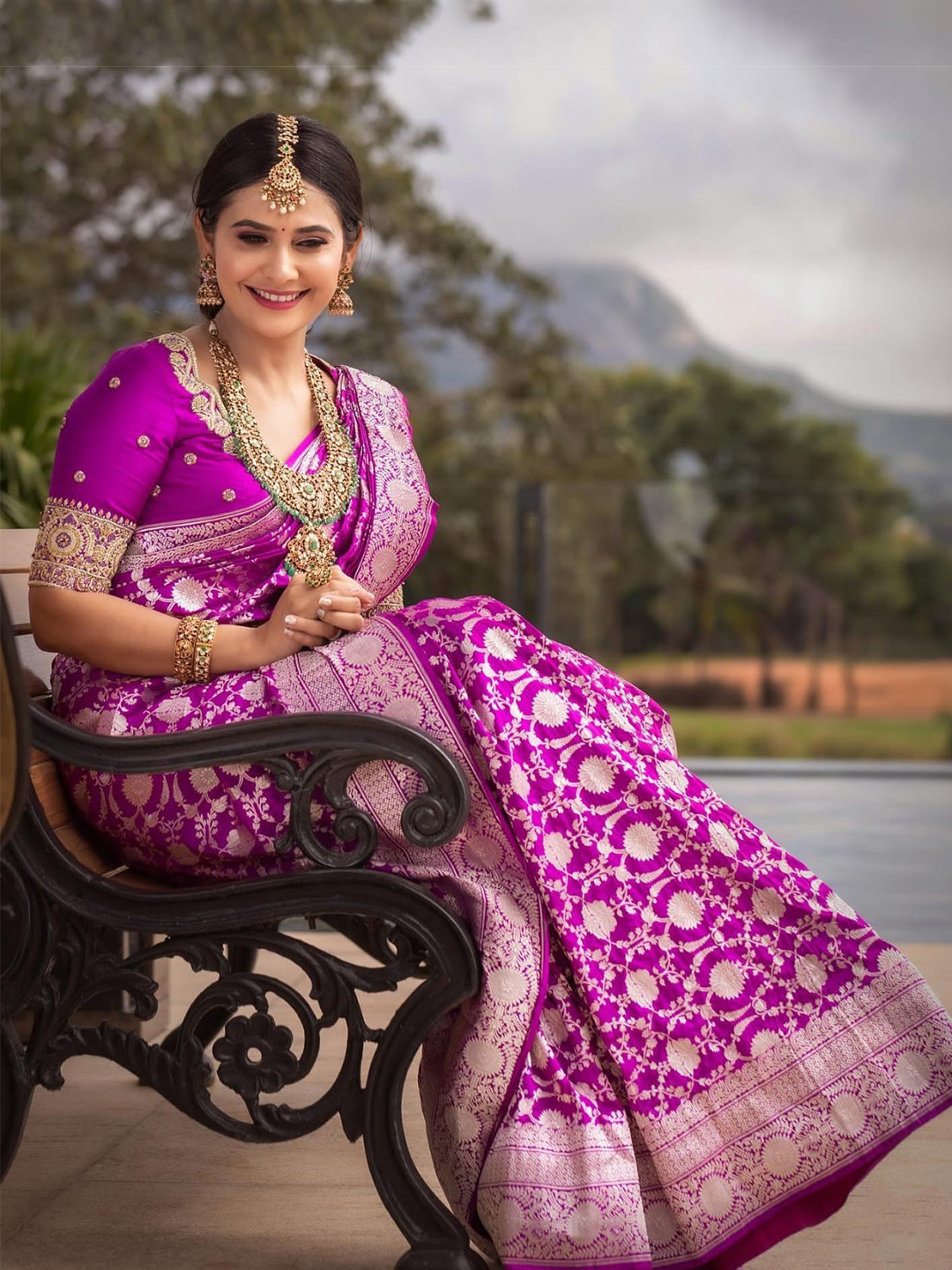 KALINI Floral Woven Design Zari Banarasi Silk Saree, Purple