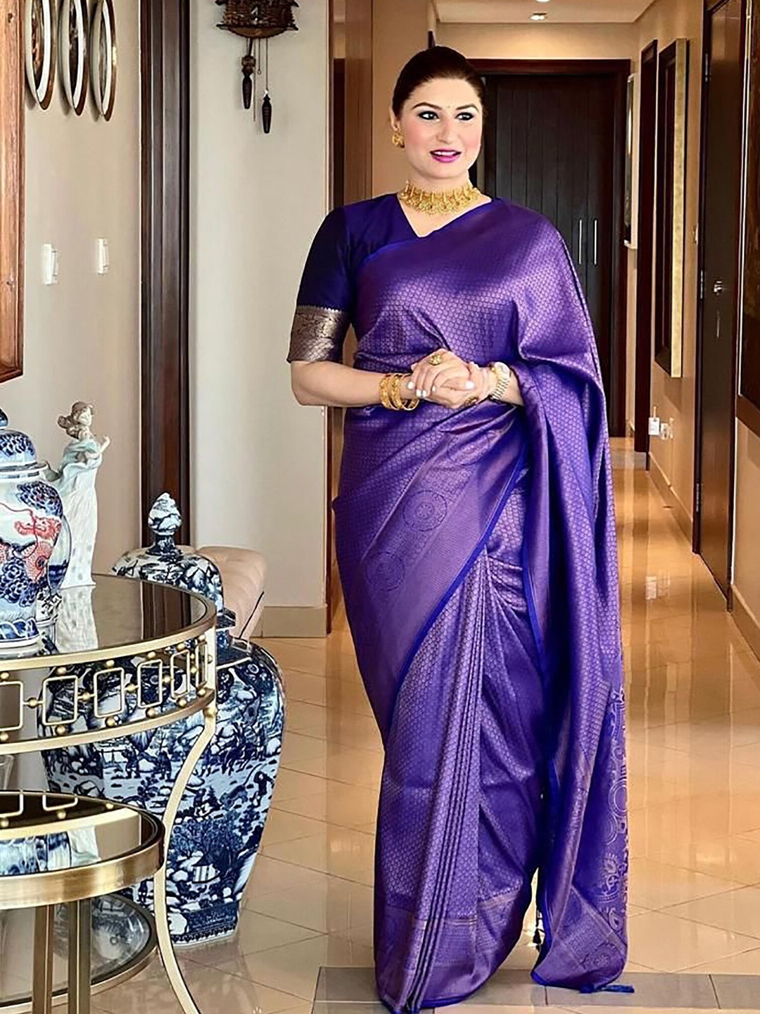 

KALINI Ethnic Motifs Woven Design Zari Banarasi Saree, Blue
