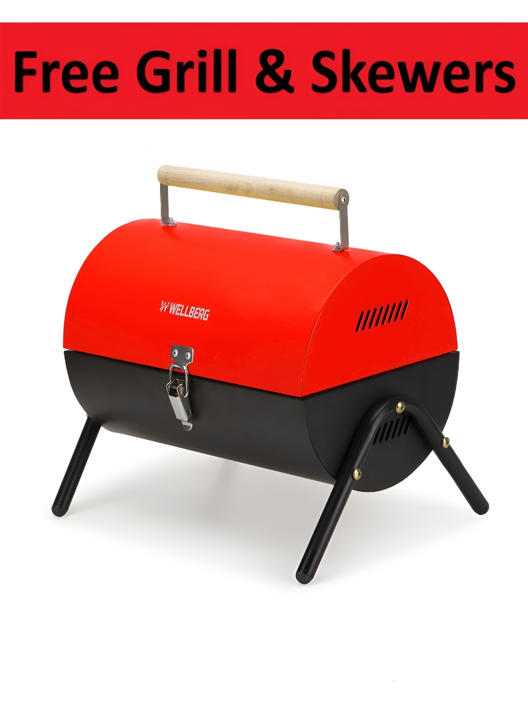 

WELLBERG Charcoal Barbeque Grill With Lid Skewers & Grill, Black
