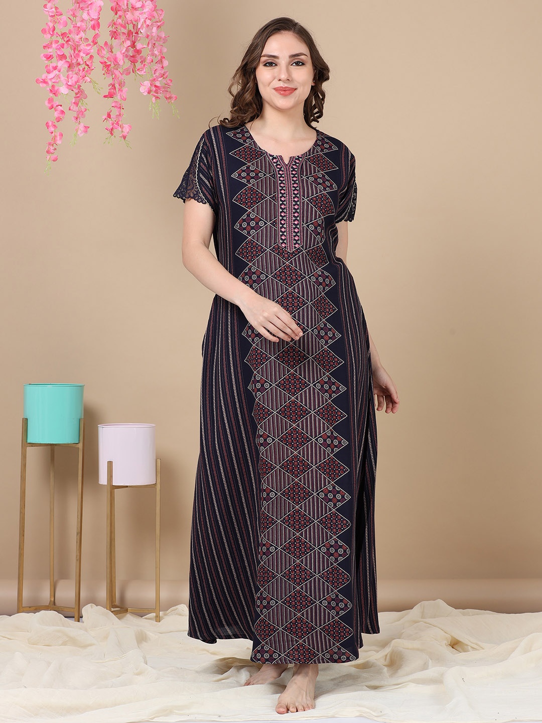 9shines Label Geometric Printed Maxi Nightdress, Navy blue