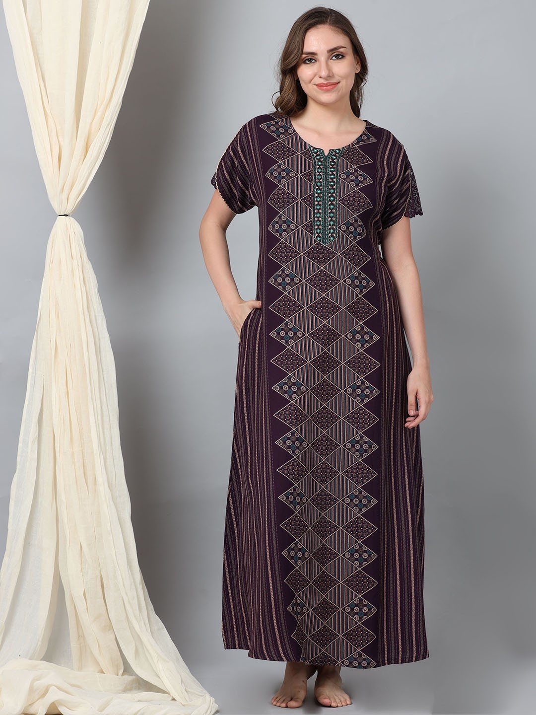 9shines Label Geometric Printed Maxi Nightdress, Purple
