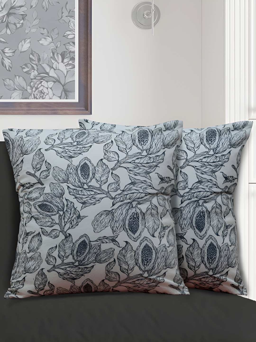 

HOME COLORS.IN Black & White 2 Pcs Floral Square Cushion Covers