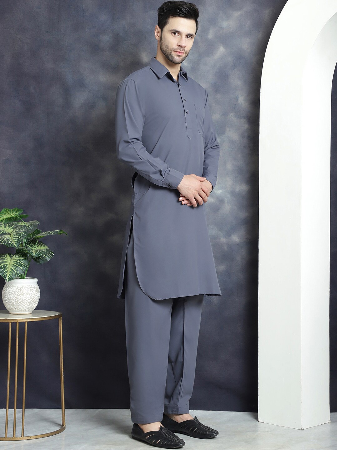 

Jompers Shirt collar Regular Pathani Kurta With Salwar, Grey