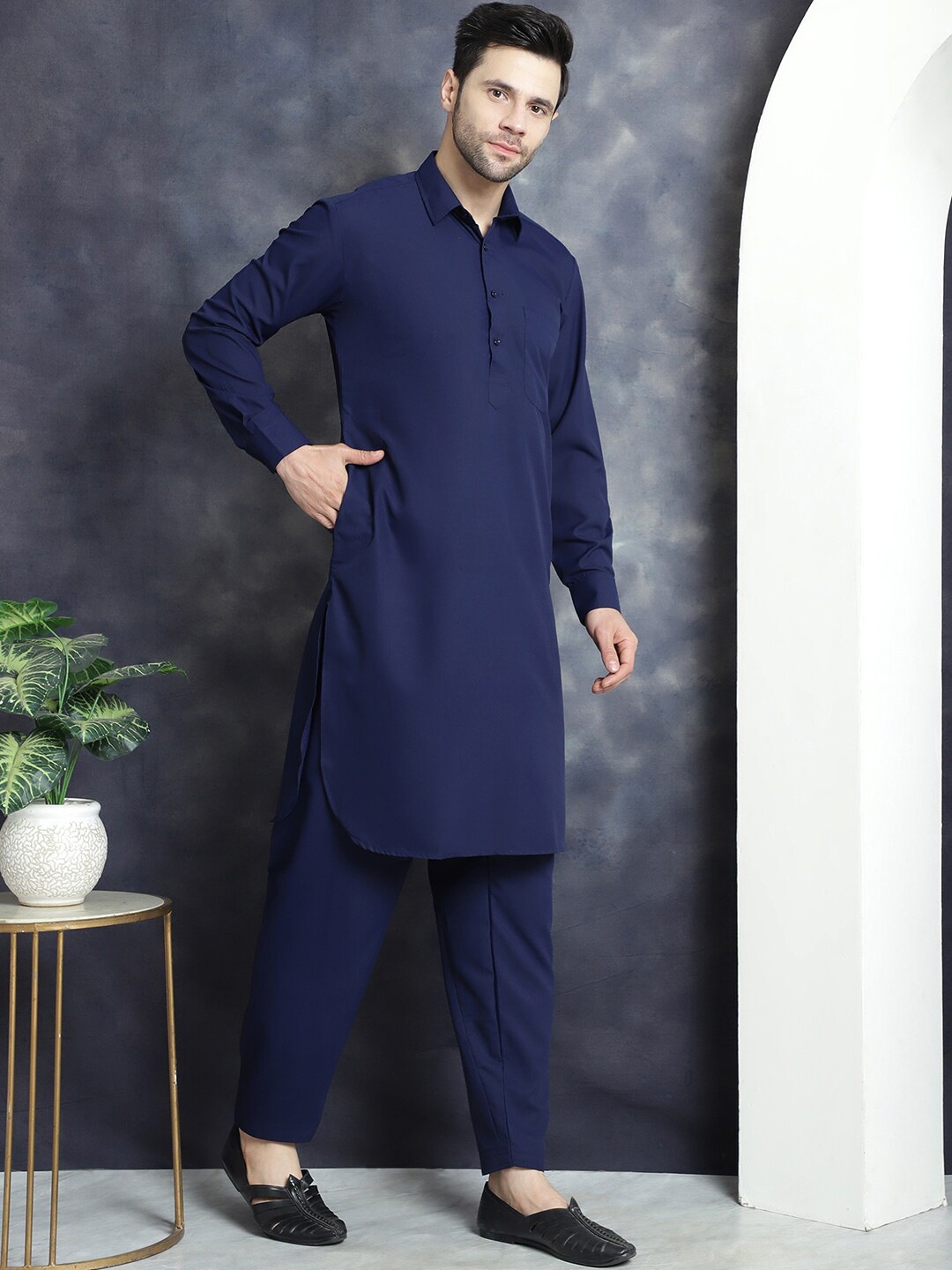 

Jompers Shirt collar Regular Pathani Kurta With Salwar, Navy blue