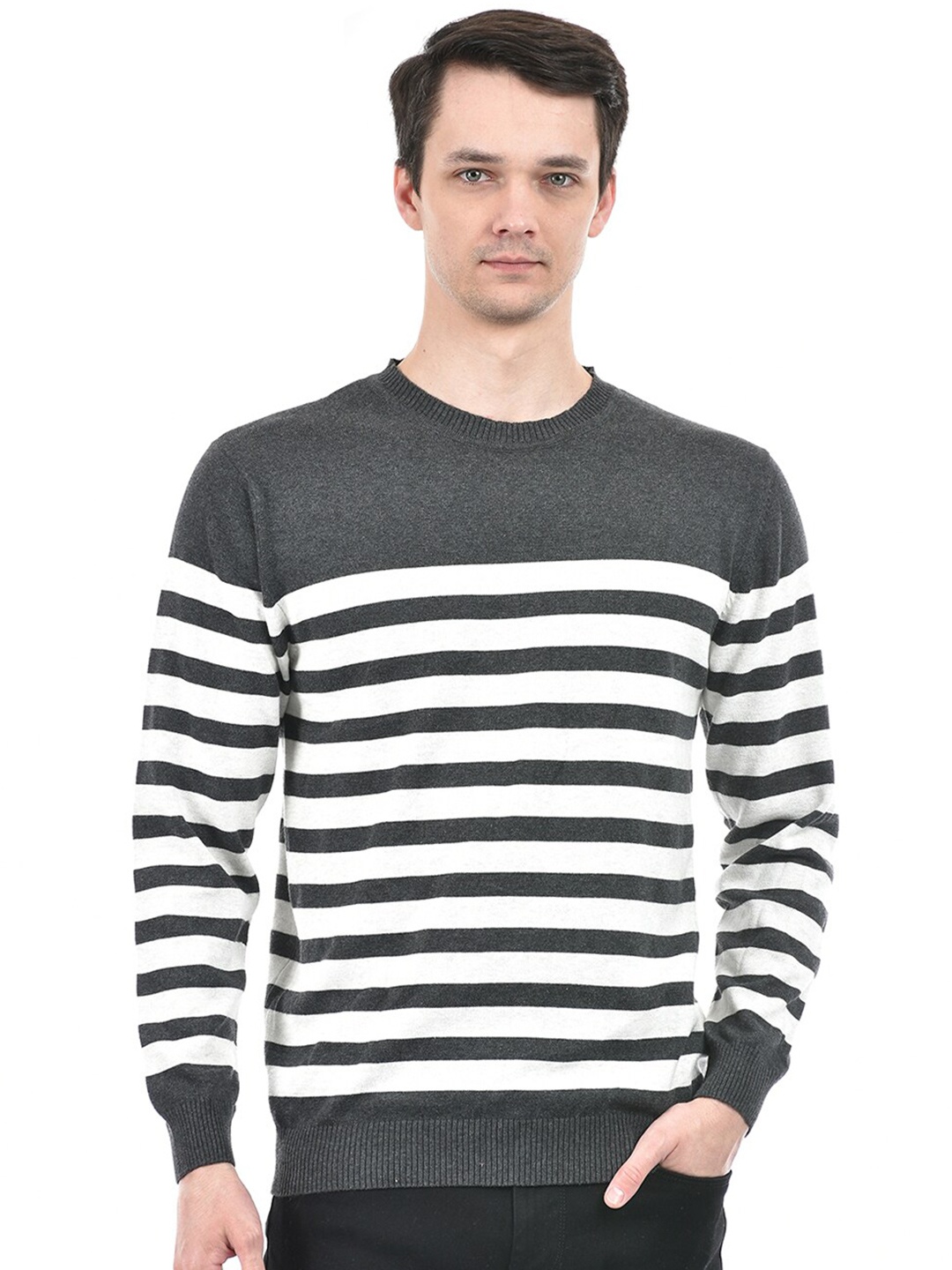

Integriti Round Neck Cotton Striped Pullover, Grey