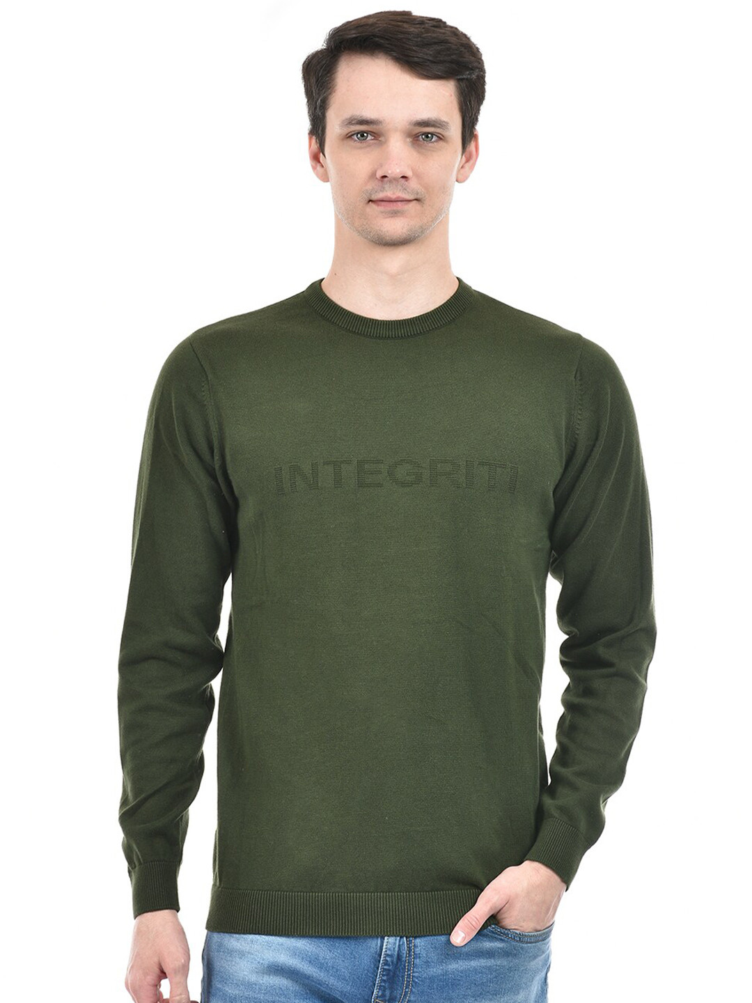 

Integriti Round Neck Typography Printed Cotton Pullover, Green