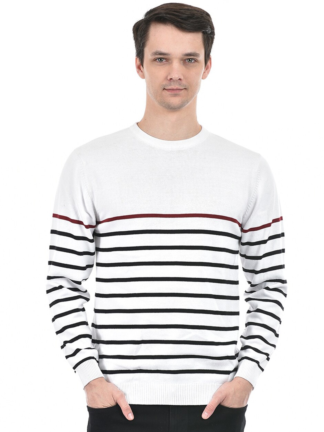 

Integriti Round Neck Long Sleeves Cotton Striped Pullover Sweaters, White