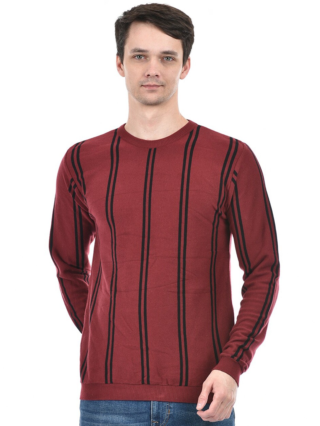 

Integriti Round Neck Long Sleeves Cotton Striped Pullover Sweater, Maroon