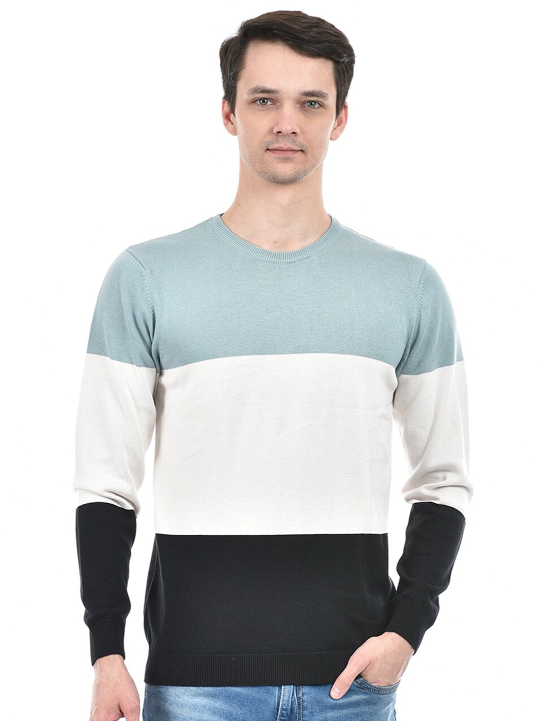 

Integriti Round Neck Cotton Colourblocked Pullover, Green
