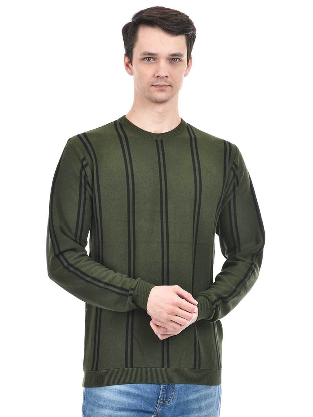 

Integriti Round Neck Long Sleeves Cotton Striped Pullover Sweater, Green