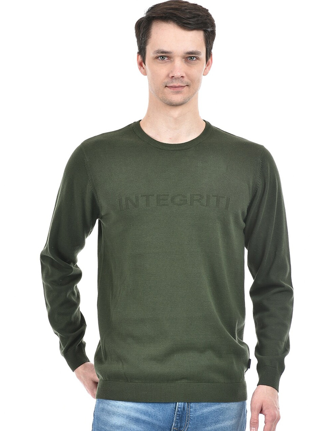 Integriti Round Neck Typography Printed Cotton Pullover, Green