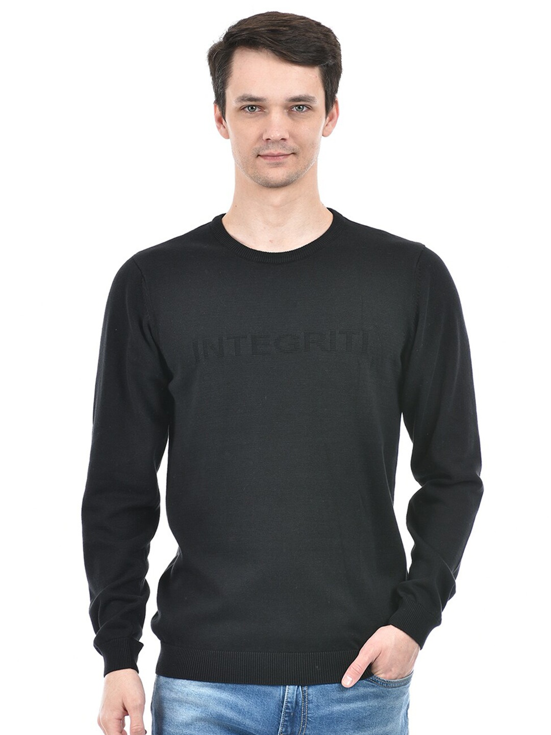 

Integriti Round Neck Long Sleeves Cotton Typography Printed Pullover Sweater, Black
