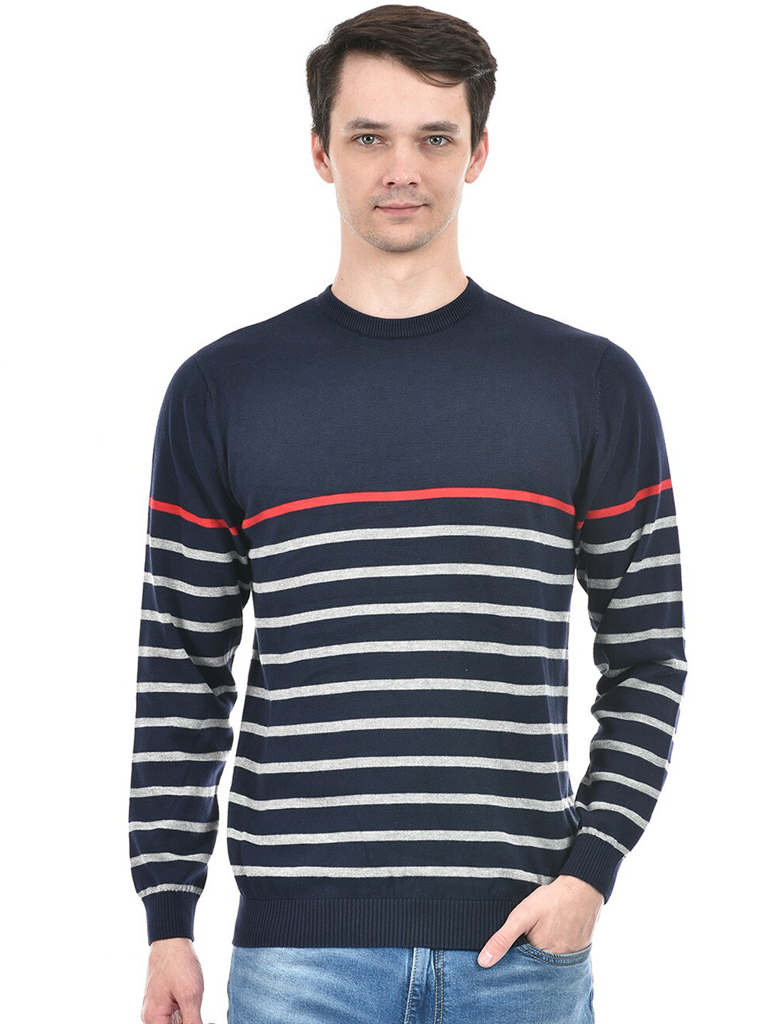 

Integriti Round Neck Cotton Striped Pullover, Navy blue
