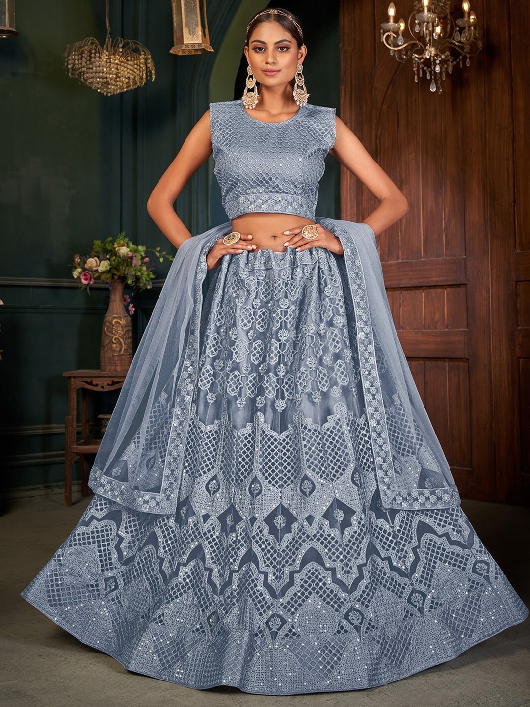 

Satrani Embroidered Sequinned Semi-Stitched Lehenga & Unstitched Blouse With Dupatta, Grey