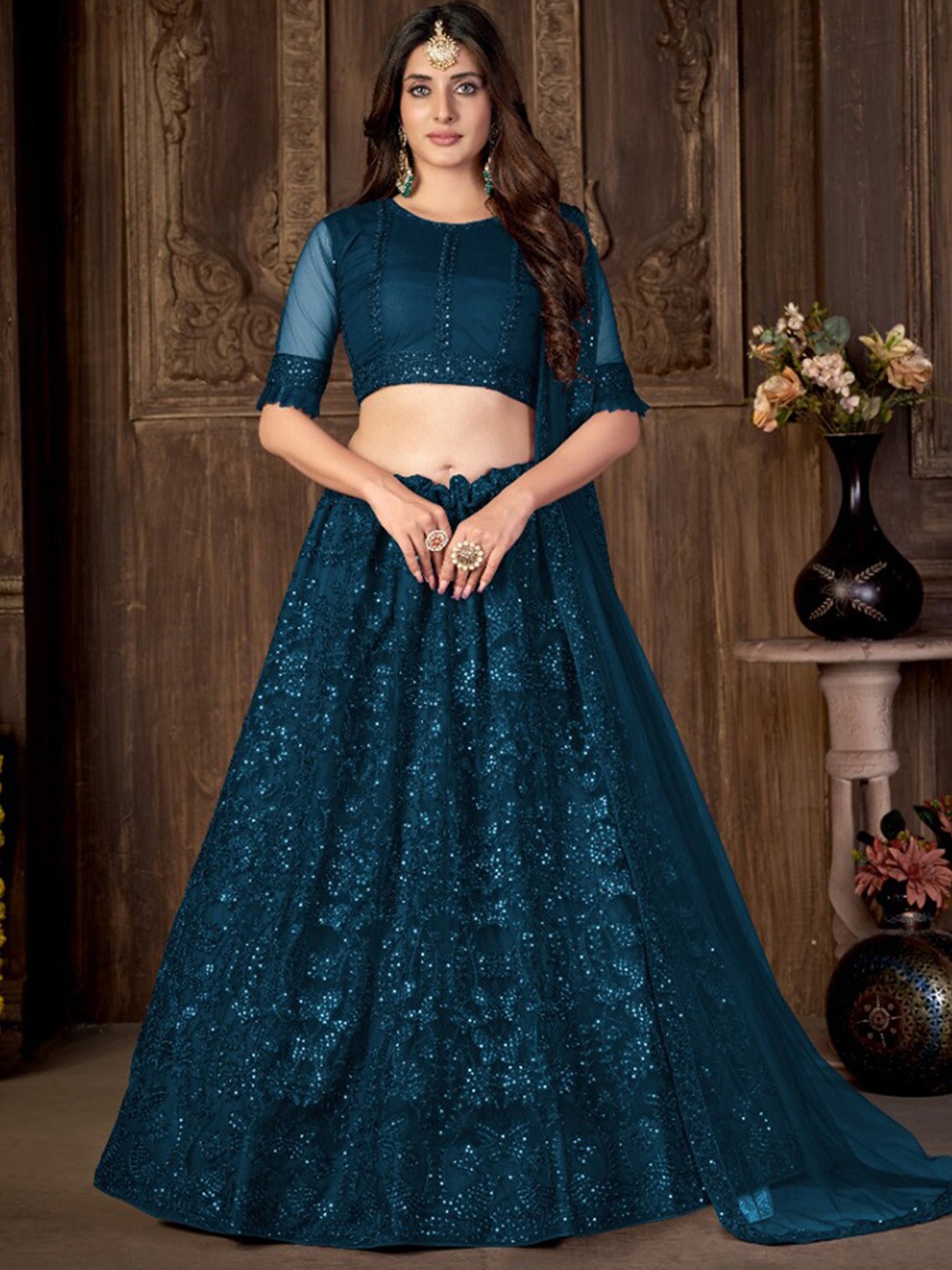 

Satrani Embroidered Sequinned Semi-Stitched Lehenga & Unstitched Blouse With Dupatta, Teal