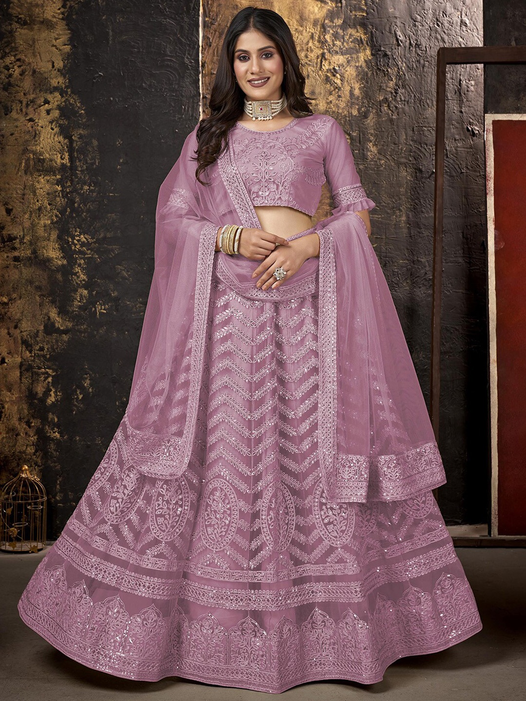 

Satrani Embroidered Sequinned Semi-Stitched Lehenga & Unstitched Blouse With Dupatta, Pink
