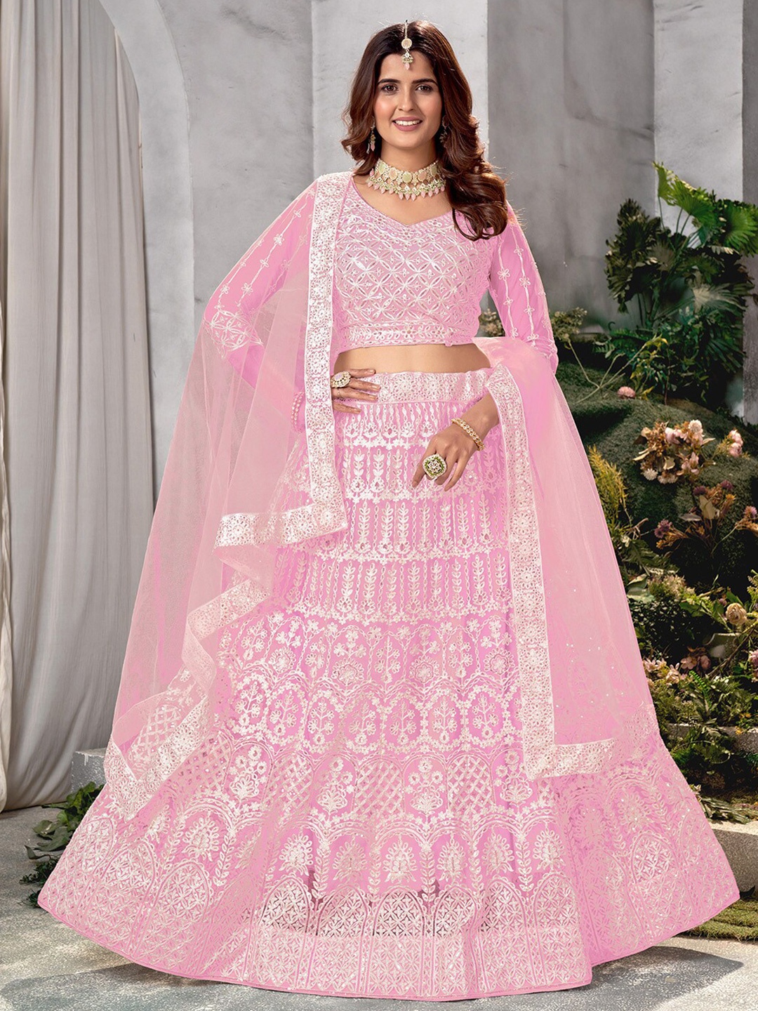 Satrani Embroidered Sequinned Semi-Stitched Lehenga & Unstitched Blouse With Dupatta, Pink