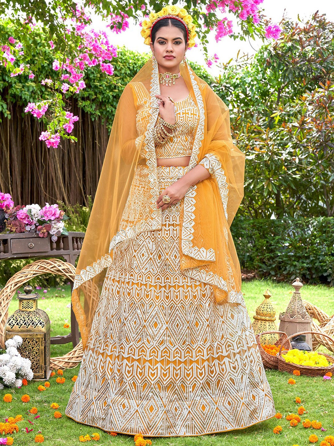 

Satrani Embroidered Sequinned Semi-Stitched Lehenga & Unstitched Blouse With Dupatta, Yellow