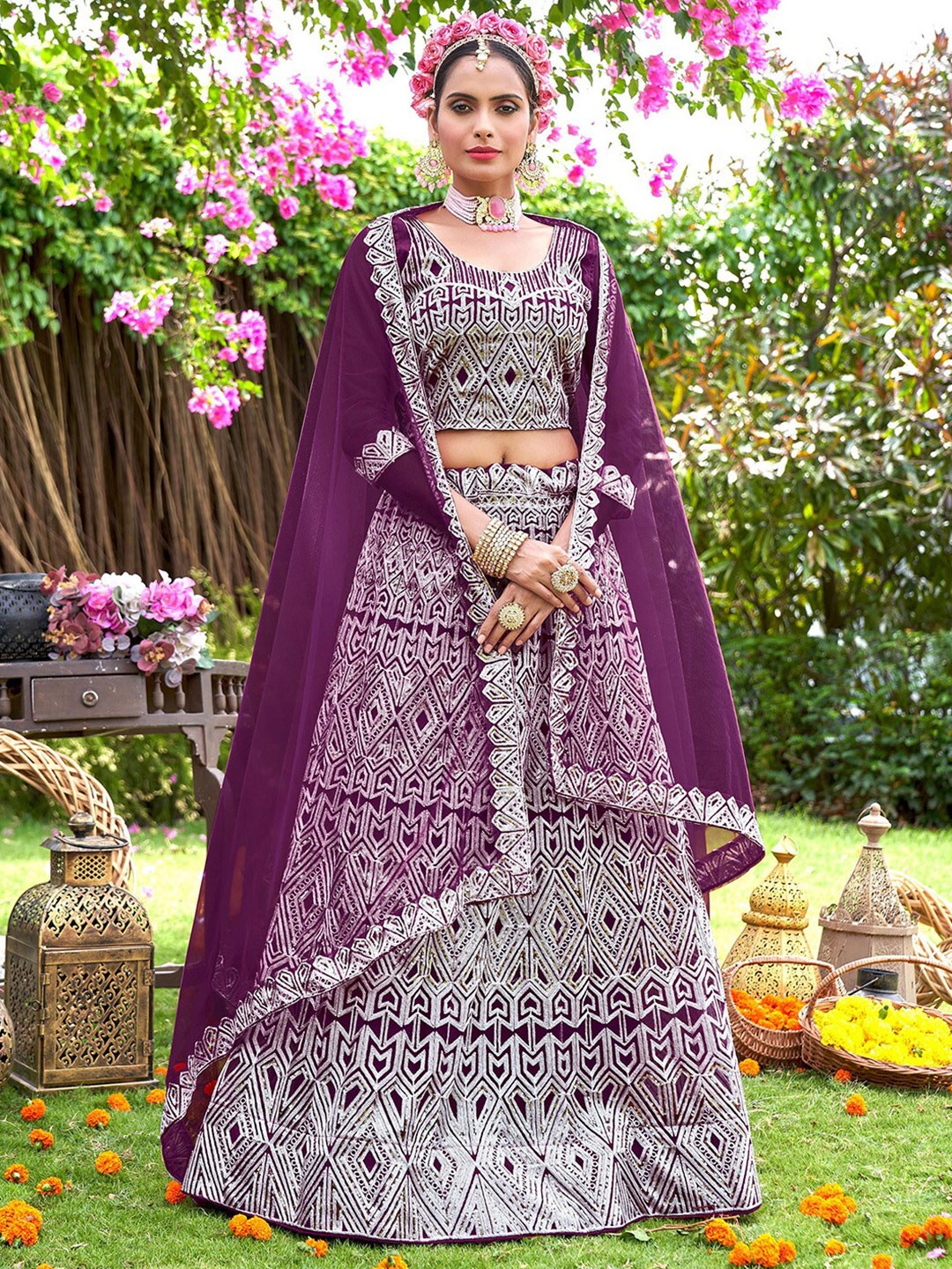 

Satrani Embroidered Sequinned Semi-Stitched Lehenga & Unstitched Blouse With Dupatta, Purple