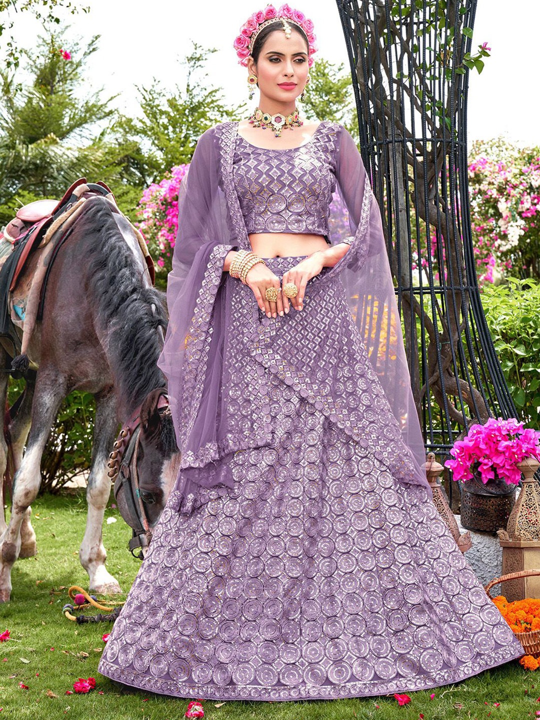 Satrani Embroidered Sequinned Semi-Stitched Lehenga & Unstitched Blouse With Dupatta, Purple